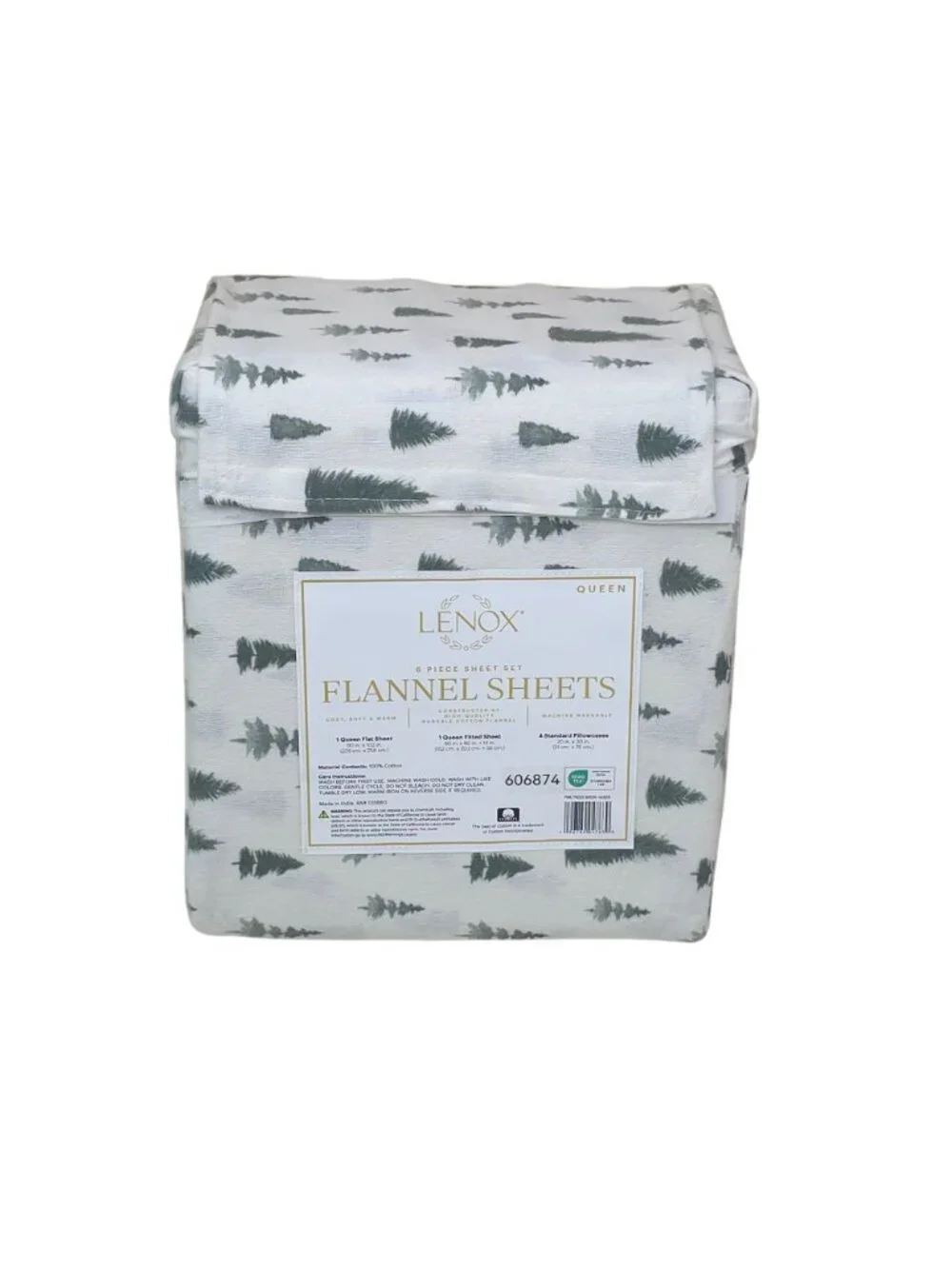 Lenox 6-Piece Queen Flannel Sheet Set Pine Trees Green 100% Cotton Warm & Cozy
